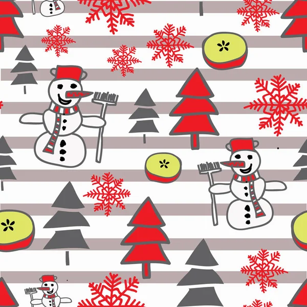 Модный векторный рождественский узор со снеговиком, снежинками и рождественскими елками на черно-белых полосах . — стоковый вектор