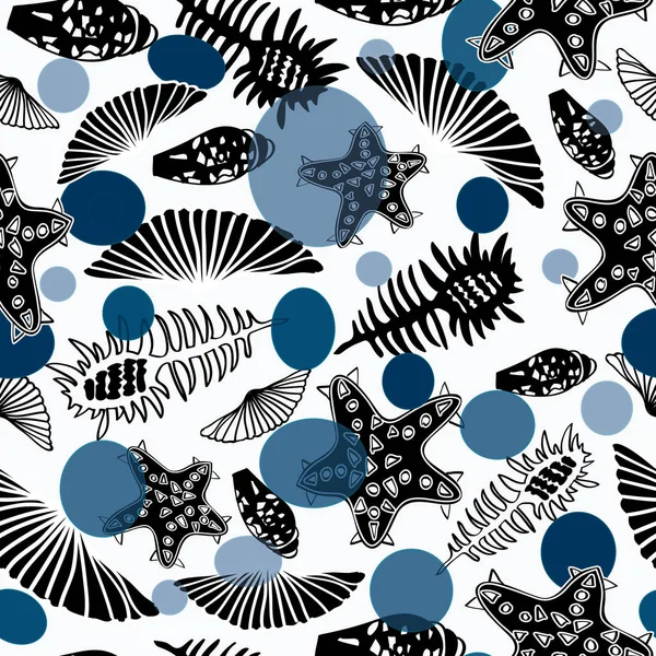 Seamless pattern with seashells and starfishes. Marine white background with blue bubbles, dots, transparent. Vector illustration in sketch style. — Stock Vector