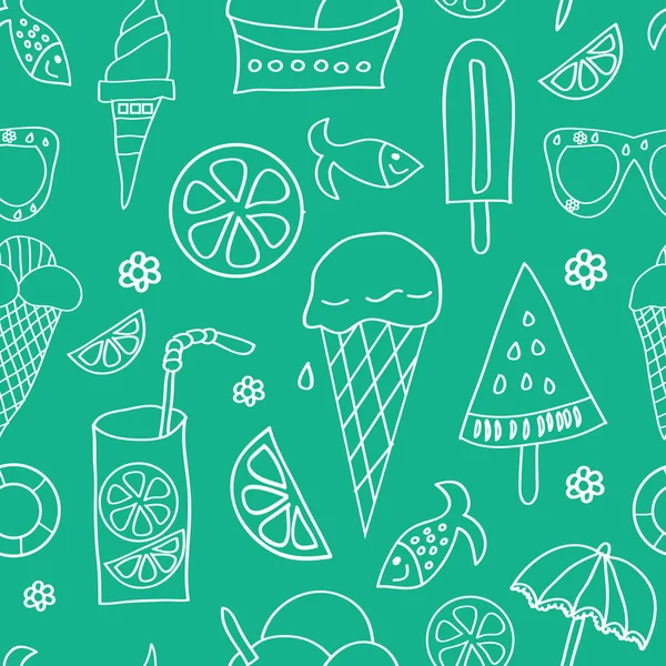 Icônes vectorielles d'été, silhouettes blanchessur fond vert. Crème glacée, limonade, tranche de citron, poisson, parasol, fleur . — Image vectorielle