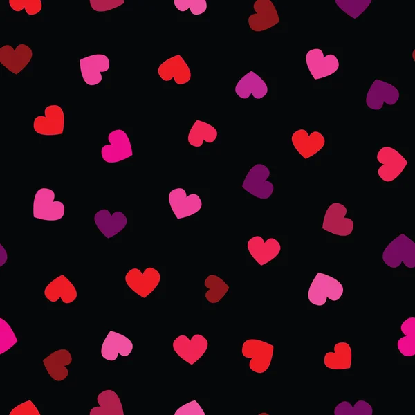 无缝矢量图案，黑色背景上的红心。红色，粉红色，奥拉涅，丽拉，紫红色，复古颜色. — 图库矢量图片