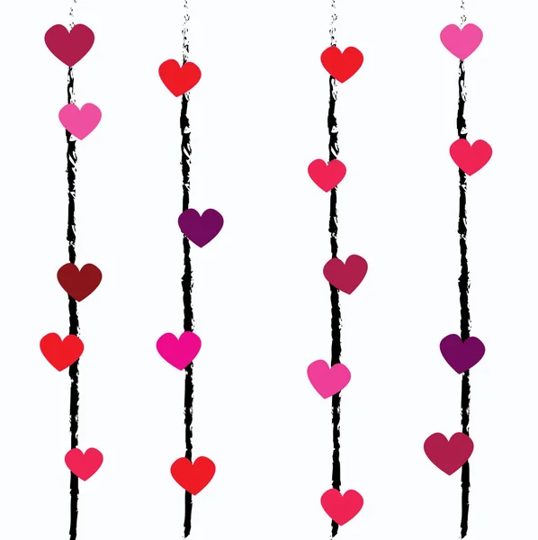 ベクトルかわいい黒いライン垂直ストライプは、赤、ライラ、ピンク、紫の色で心とシームレスなパターン。白い背景のベクトル線形設計. — ストックベクタ