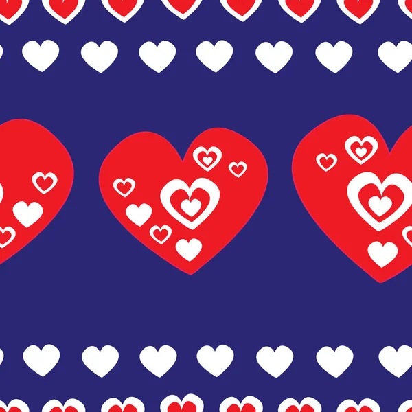 Vector naadloze Folk Art vector patroon, witte en rode harten op blauwe backgrounfd. Retro stijl decoratie. — Stockvector