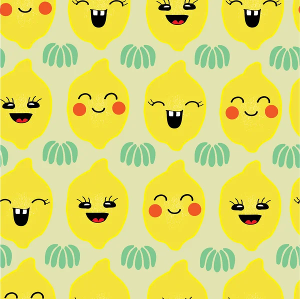 Vector hand drawn seamless kawaii pattern. Happy lemons with emotions, green leaves. Perfect for fabric, cute, japan style. — Stock Vector