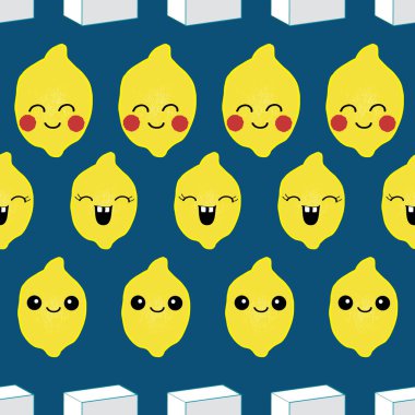 Dikişsiz desen, mutlu kawaii limon satırlarda mutlu yüzleri, beyaz şeker küpleri. Kumaş, kağıt, çocuklar, bebekler için mükemmel.