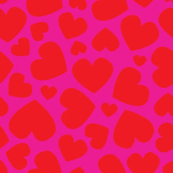 Vector seamless pattern , red hearts of different size and direction on deep pink background. — Stock Vector