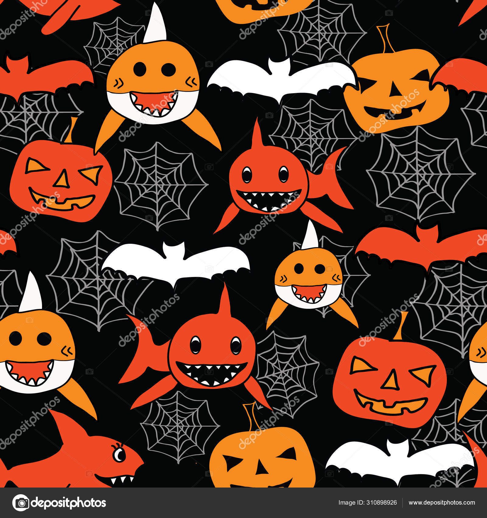 Seamless vector baby shark halloween pattern. Baby shark, pumpkin, spider  web and bats in red, orange and black and white color on black background.  Stock Vector Image by ©taucova #310898926