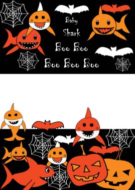 Baby Shark Doo Doo Doo Doo - Boo Boo Boo Halloween Davetiye Kartı bir metin için yer ile. Köpekbalıkları, balkabağı, örümcek ağı ve yarasalar.