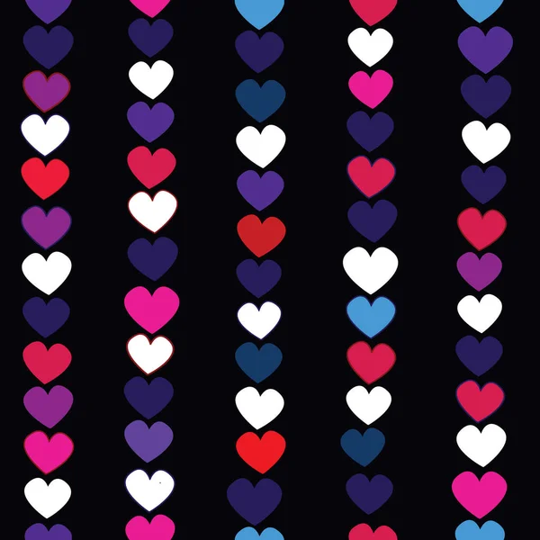 在黑色背景、粉色、白色、蓝色和红色心脏上重复无缝图案的向量 — 图库矢量图片