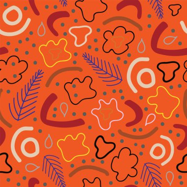 Afro tarzı çiçek ve şekiller renk kalıplarına dökülür. Gri, siyah, elektrik mavisi, turuncu arka planda kırmızı şarap..