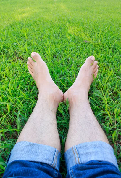 unique perspective grass relax foot leg happy time