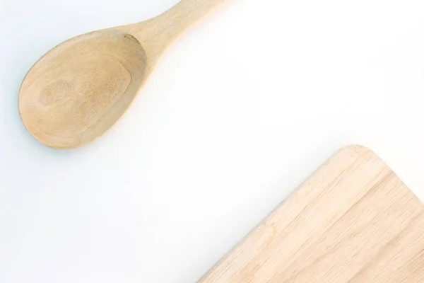 Löffelschneidebrett Holz Auf Weißem Hintergrund — Stockfoto