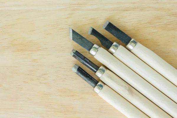 Cincel Tallado Conjunto Sobre Fondo Madera —  Fotos de Stock