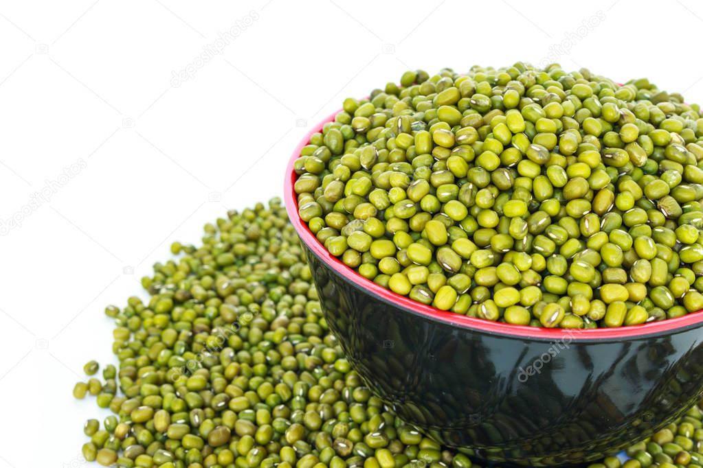 mung bean green in bowl red on white background