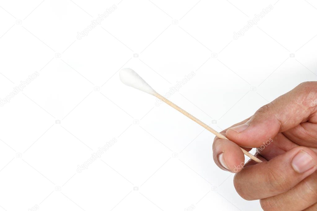 hand holding cotton bud, swab clean healthcare on white background