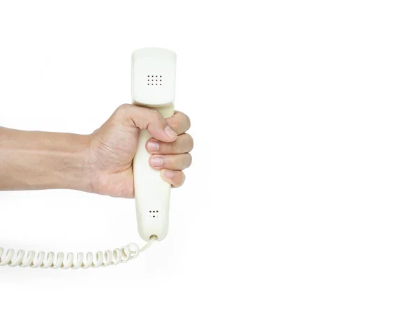 Mão Segurando Telefone Vintage Tecnologia Fundo Branco — Fotografia de Stock