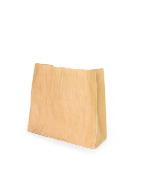 beyaz zemin üzerinde kahverengi kağıt torba.