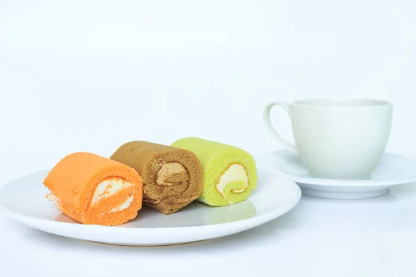 Pastel Naranja Chocolate Verde Rollo Colocado Taza Café Sobre Fondo —  Fotos de Stock