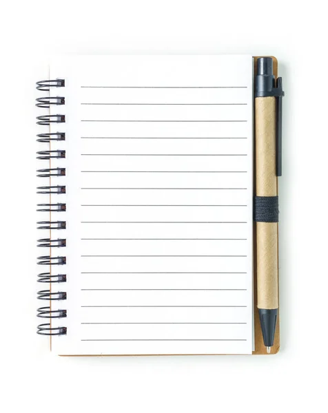 Cuaderno Página Derecha Pluma Sobre Fondo Blanco — Foto de Stock