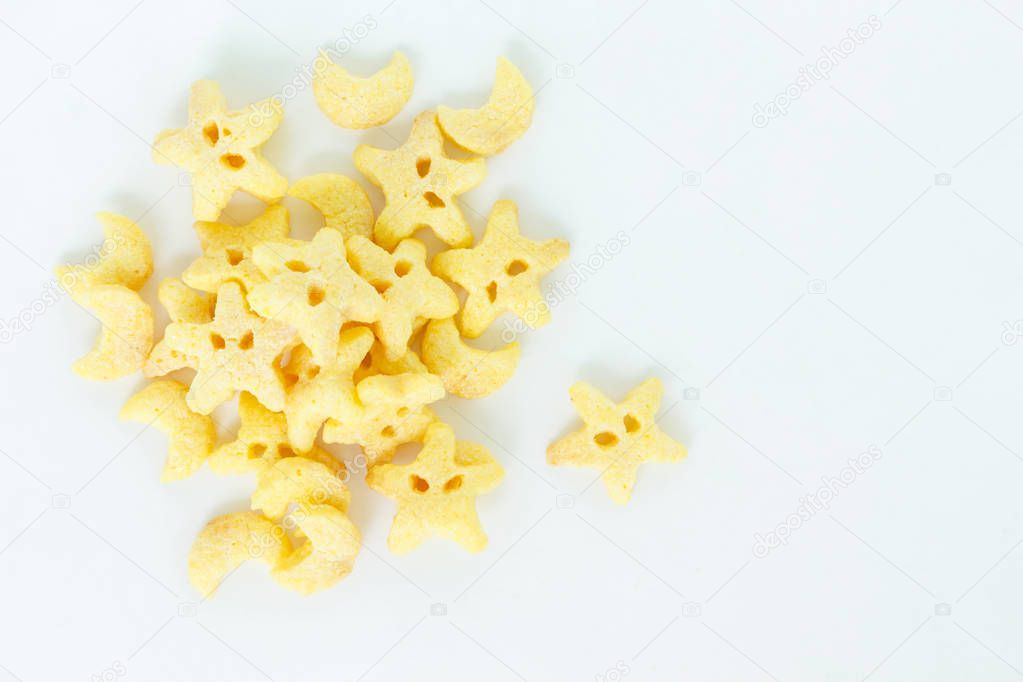 corn flakes top view on white background.