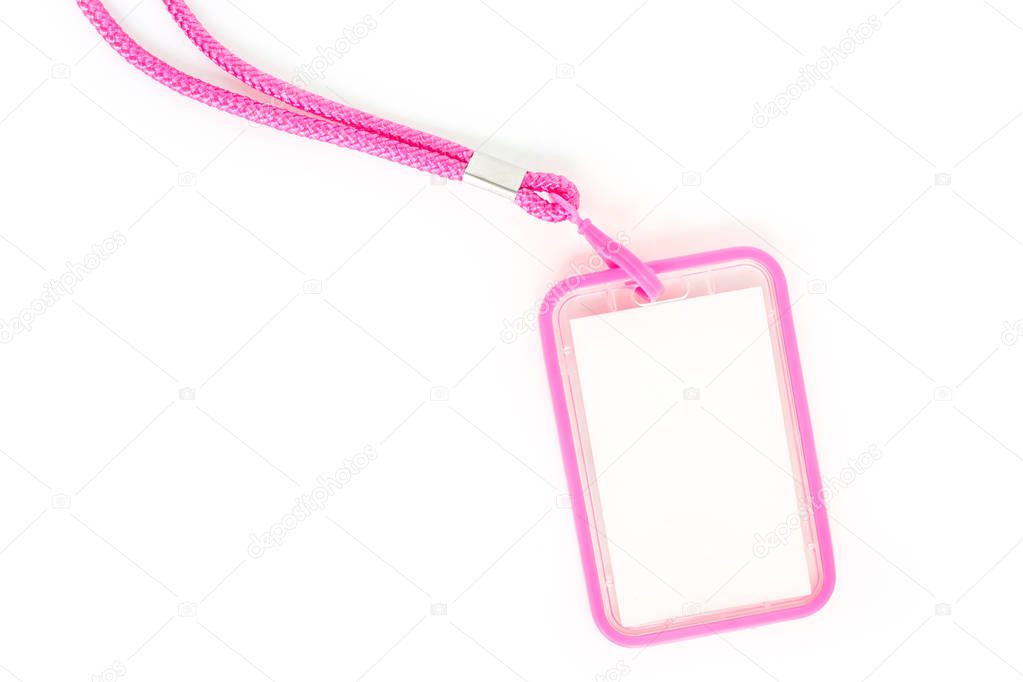 Blank badge with pink neckband. on white background.