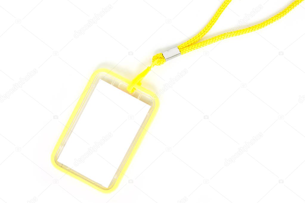 Blank badge with yellow neckband. on white background.