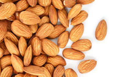 badem üstten görünüm çerçeve yığın veya beyaz arka plan üzerinde kenarlık.