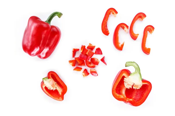 Rode Paprika Stukjes Gesneden Witte Achtergrond Bovenaanzicht — Stockfoto