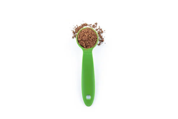 Pile Cooa Powder Measuring Spoon White Background — Stock Photo, Image