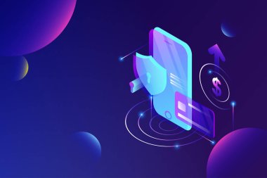 Akıllı telefon konseptinde kredi kartı koruması ile online ödeme.
