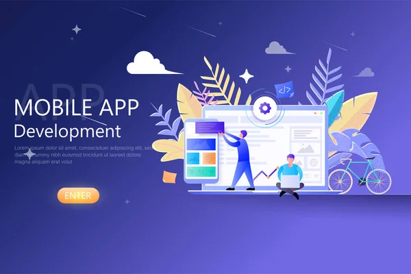 Mobile App Development Design moderno piatto per modello web, Sviluppatori che lavorano su dispositivi mobili — Vettoriale Stock