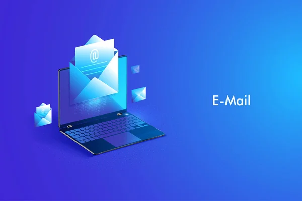 이메일 서비스 아이소메트릭 디자인. 전자 메일 메시지 및 웹 메일 또는 모바일 서비스 — 스톡 벡터