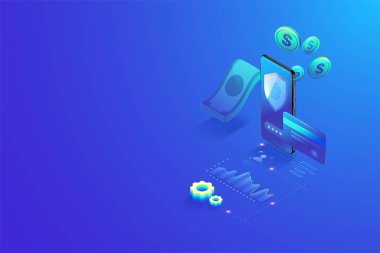 akıllı telefon konsepti ile v3d Izometrik güvenli online ödeme. Online alışveriş, şifre ve parmak izi doğrulama vektörü ile güvenli banka işlemi