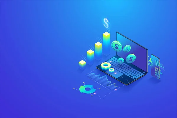 Isométrico Inversión y finanzas virtuales, gestión de marketing para inversión, análisis y planificación en pantalla de ordenador y móvil — Vector de stock