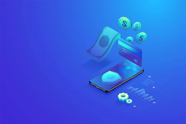 3D Isometrisk säker onlinebetalning via smartphone koncept. Onlineshopping, Säker banktransaktion med lösenord och fingeravtrycksverifiering vektor — Stock vektor