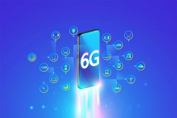 Sistema 6G: conexión a Internet más rápida con teléfono inteligente e internet de las cosas concepto, sexta generación de Internet, velocidad de la red 6G Internet inalámbrico, IOT en el teléfono inteligente . — Archivo Imágenes Vectoriales