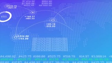 4k Global ağ bağlantısı ve Finansal veri bağlantıları, ticari veri görselleştirmesi, finansal grafikler, diyagramlar ve mavi arkaplanda hisse senedi numaraları animasyonu