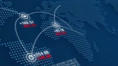 4k Global ağ bağlantısı ve Finansal veri bağlantıları, ticari veri görselleştirmesi, finansal grafikler, diyagramlar ve mavi arkaplanda hisse senedi numaraları animasyonu