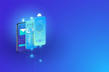 Mobil uygulama geliştirme ve ux-ui tasarım çapraz platform, izometrik uygulama oluşturma vektörü.