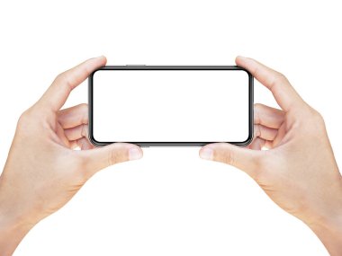 İzole edilmiş, kapalı, beyaz arkaplanda boş ekranlı akıllı telefon..