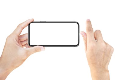 İzole edilmiş, kapalı, beyaz arkaplanda boş ekranlı akıllı telefon..
