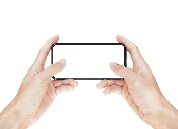 Izolacja zbliżenie ręce trzymając smartfona z pustym ekranem na białym tle. — Zdjęcie stockowe