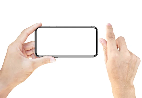 Geïsoleerde close-up handheld smartphone met blanco scherm op witte achtergrond. — Stockfoto