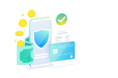 Çevrimiçi Mobil Bankacılık ve İnternet bankacılık izometrik tasarım konsepti, Nakitsiz toplum, kredi kartı yoluyla güvenlik işlemi.