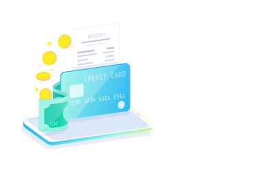 Çevrimiçi Mobil Bankacılık ve İnternet bankacılık izometrik tasarım konsepti, Nakitsiz toplum, kredi kartı yoluyla güvenlik işlemi.