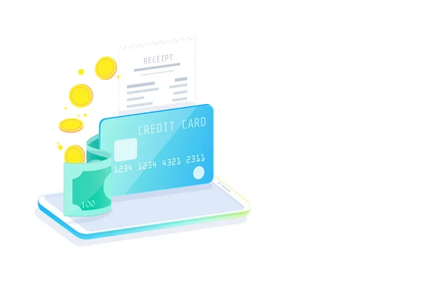 Online Mobile Banking και Internet banking ισομετρικός σχεδιασμός, Cashless society, συναλλαγές ασφάλειας μέσω πιστωτικής κάρτας. — Διανυσματικό Αρχείο