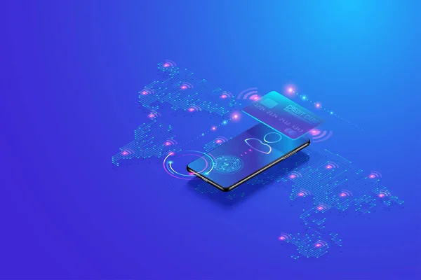 Isometrisches Konzept für mobiles Internet-Banking. sicherer Online-Zahlungsverkehr mit Smartphone und digitalem Zahlungshintergrundvektor — Stockvektor