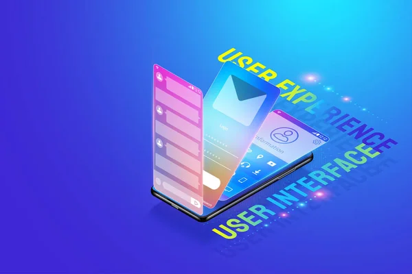 3d Isometrische mobiele app Ui Ux Ontwerp illustratie, Het creëren en ontwerpen van gebruikersinterface, gebruikerservaring en applicatie ontwikkeling concept vector. — Stockvector
