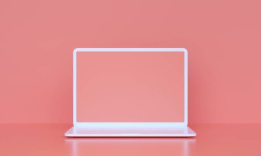 Pembe zemin üzerinde boş ekran bulunan 3d beyaz bilgisayar defteri