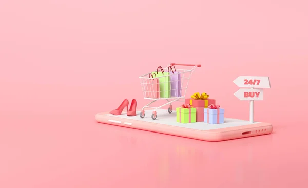 Концепция Мобильного Онлайн Шопинга Корзина Подарков Покупок Поверх Смартфона Фон — стоковое фото