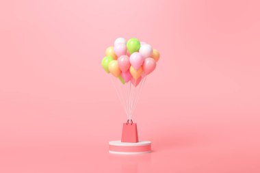 İnternetten alışveriş konsepti. Pembe arka planda alışveriş çantalı balonlar ve hediye kutuları. 3 Boyutlu resimleme